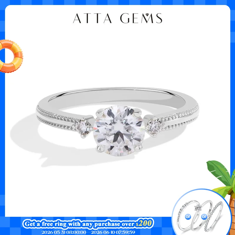 ATTAGEMS 1CT 6.5mm Round Cut Moissanite Ring for Women 925 Silver 18K Gold Plated Bead Edge Design Engagement Party Jewelry Gift
