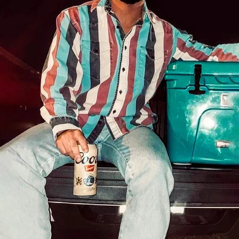 Men's Denim Culture Retro Trend Diamond Printed Long-sleeved Shirt Men's Business Casual 6XL Large Size Vacation Outside Shirt