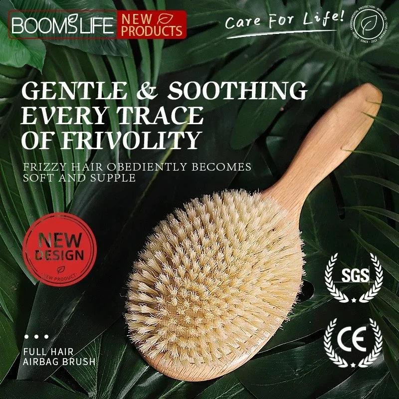 

BOOMSLIFE Soft Boar Bristle Hair Brush Women Custom Scalp Massage Detangle HairbrushOak Wood Comb for Hair Barber Accessories