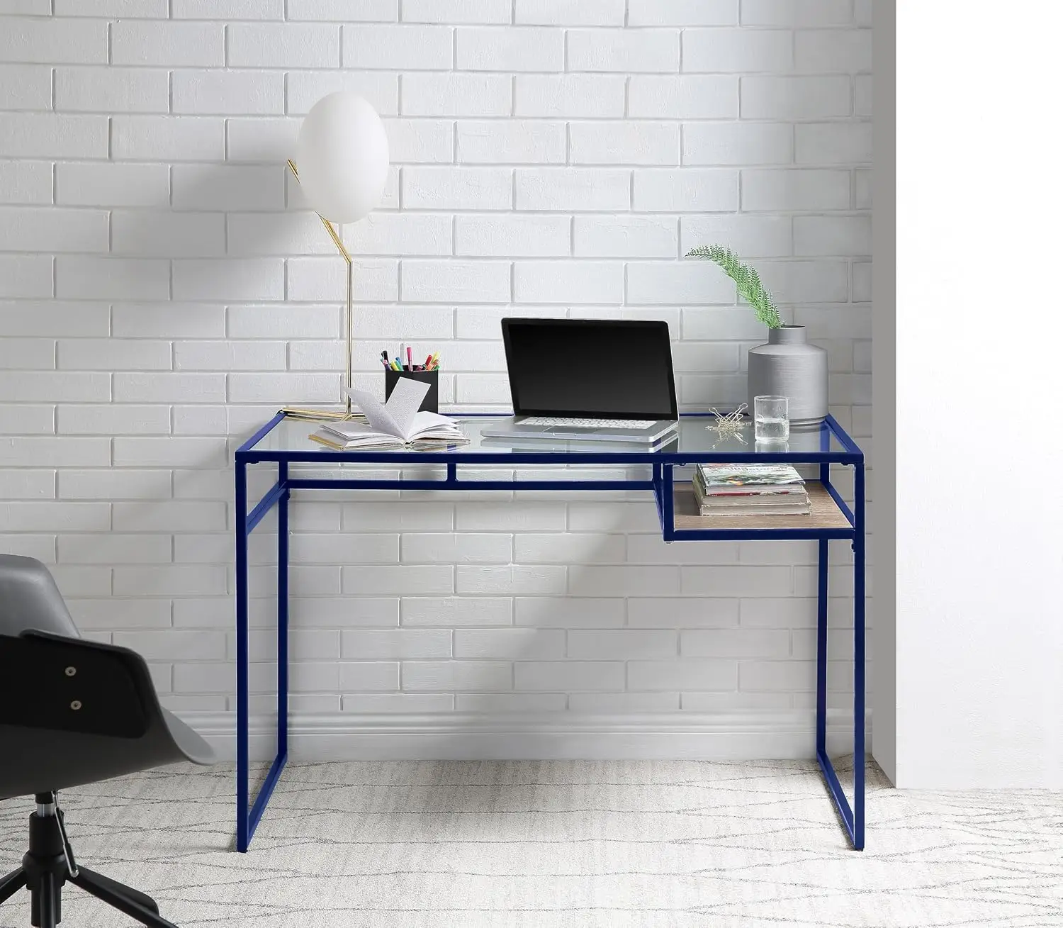 Glass Writing Desk 5mm Clear Top Metal Sled Frame Open Shelf 45"x22" Home Office Computer Workstation Small Space, Customized