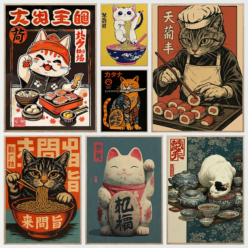 Cute Style Japanese Ramen Animal Cat Cartoon Posters Prints Canvas Painting Wall Art Picture Living Room Bar Cafe Home Decor