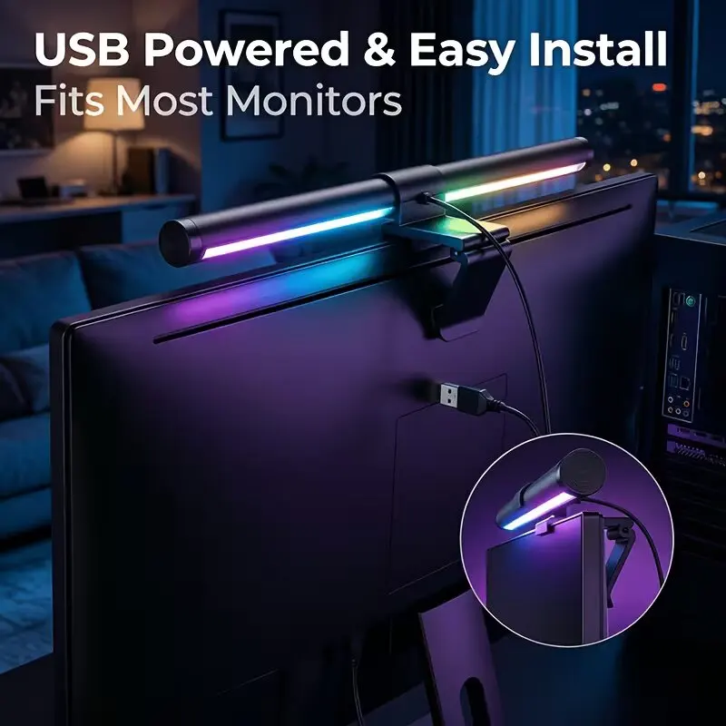 Ergonomic Anti-Glare Monitor Light Bar, RGB Eye-Care LED Lighting, Stepless Dimmable for Office Work and Gaming