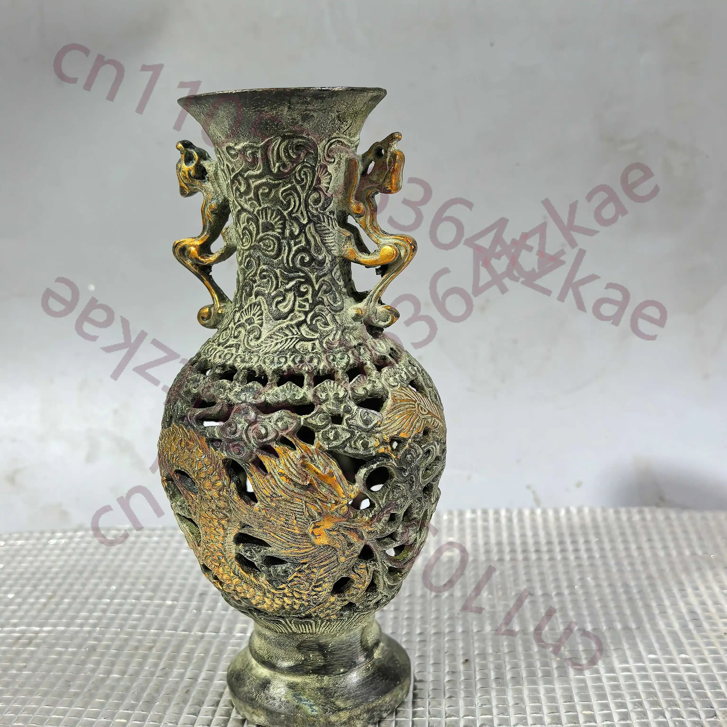 Chinese Folk Collection of Gilded Dragon Phoenix Copper Vase Ornament - Handcrafted Artifacts for Home Decor