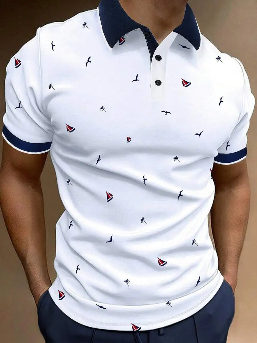

Men's White Nautical Print Short Sleeve Casual Polo Shirt with Navy Trim