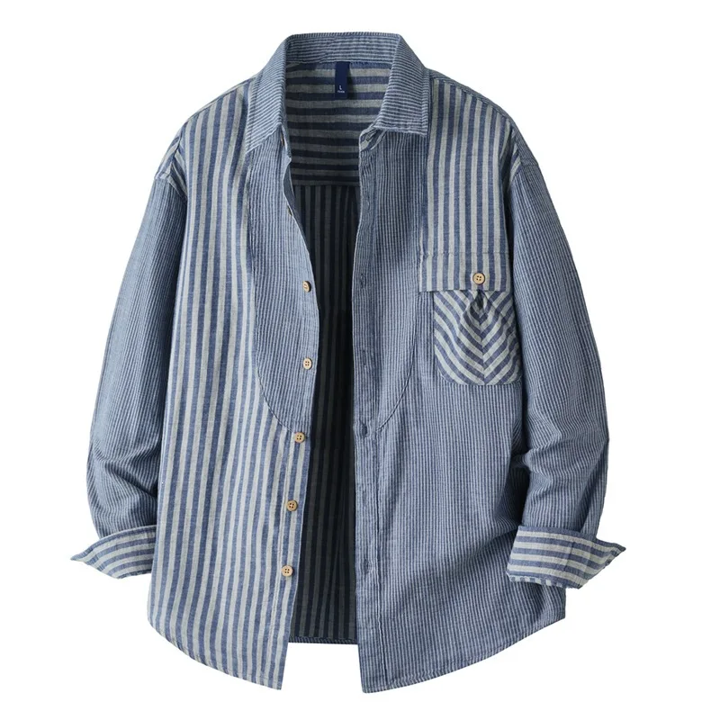 Spring Autumn Pure Cotton Vintage Splice Stripe Shirts for Men Japan Korean Fashion Streetwear Loose Casual Long Sleeve Shirts