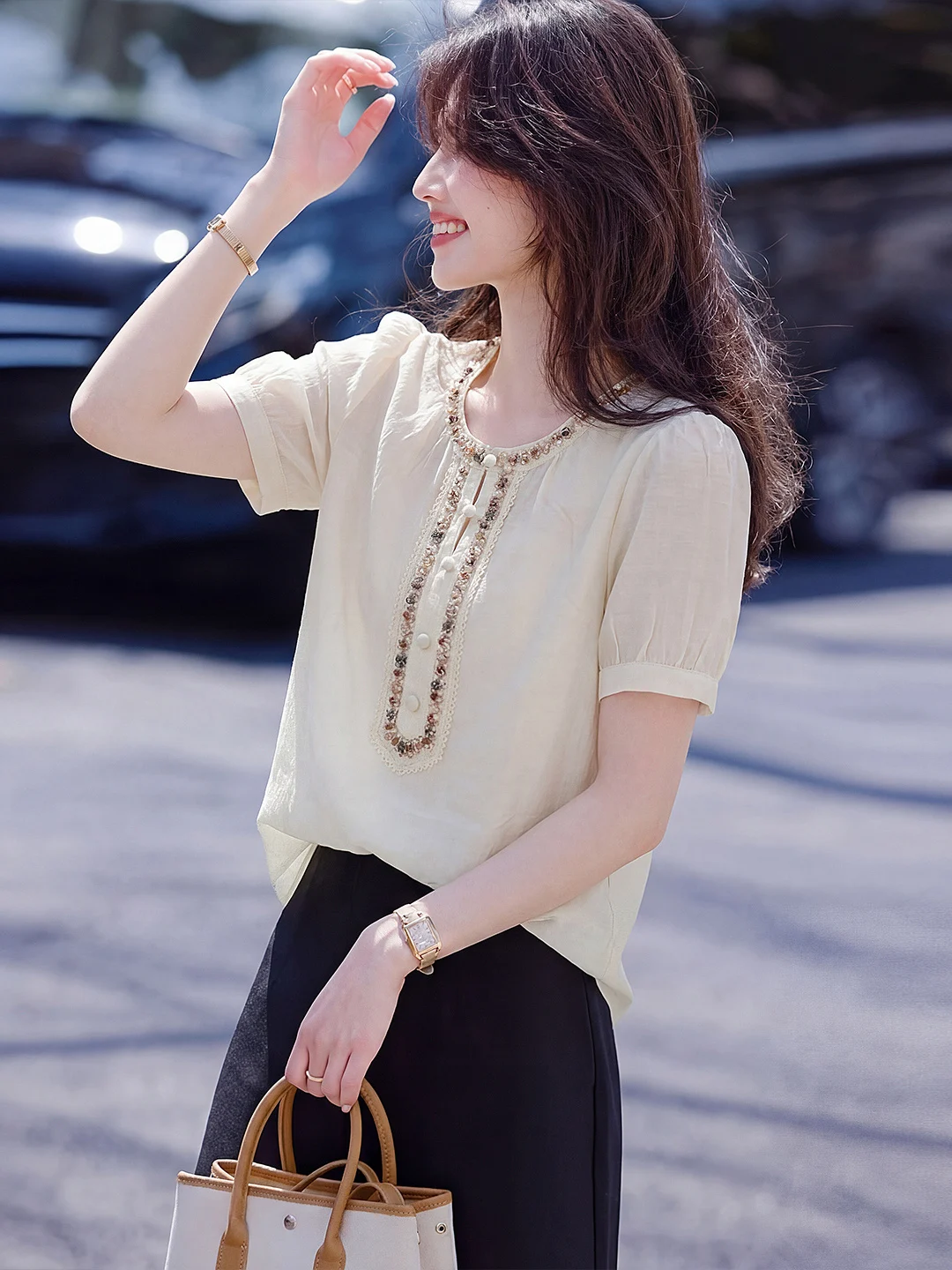 

Шикарная женская рубашка с круглым вырезом и короткими рукавами-фонариками, повседневная, создающая атмосферу уюта, летняя, новый французский стиль, приталенная.