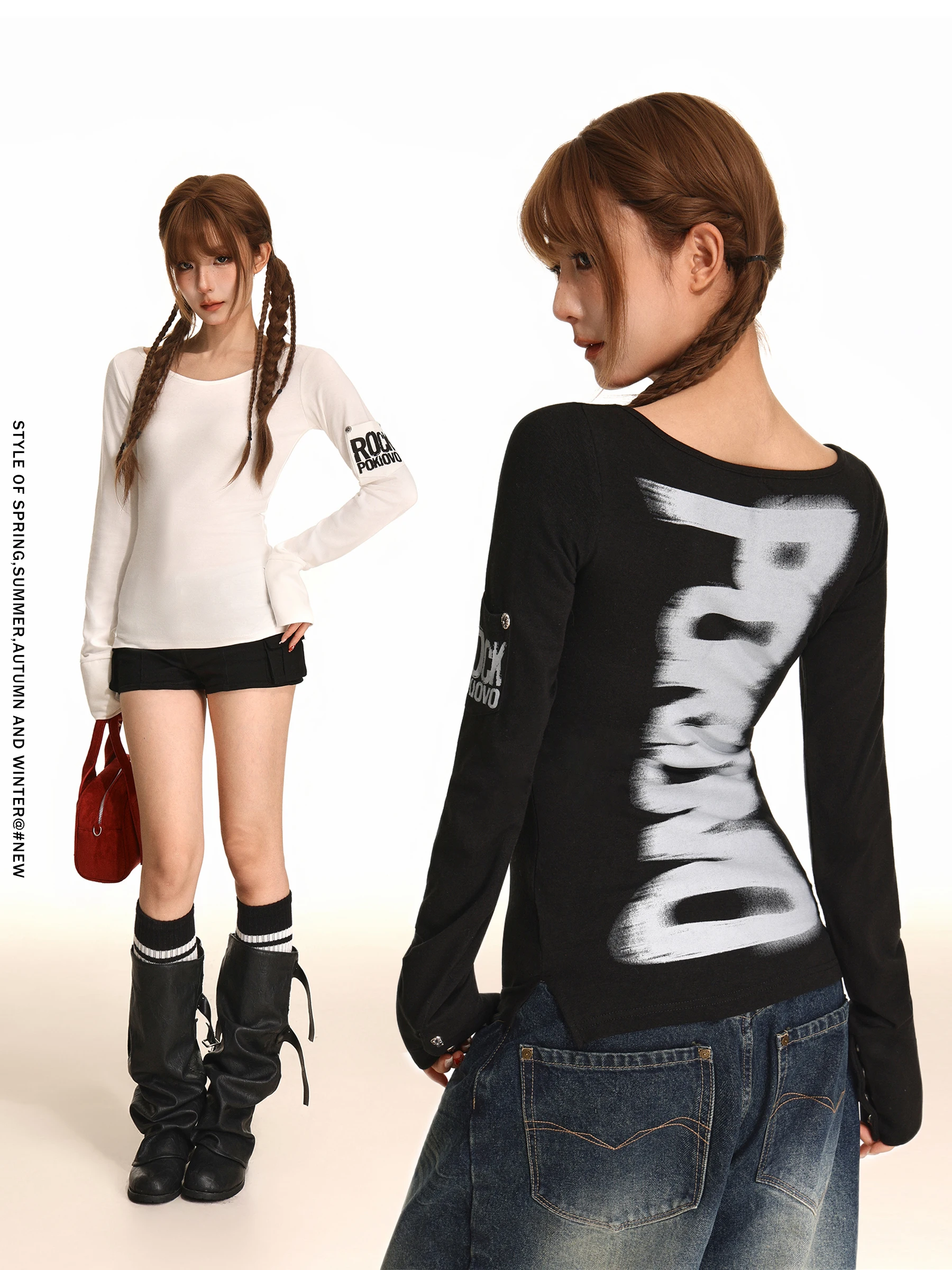 

Style American Cool Spicy Print Waist-Cinching Long Sleeve Women's T-shirt Large Collar Slim Fit Design Sensual Style