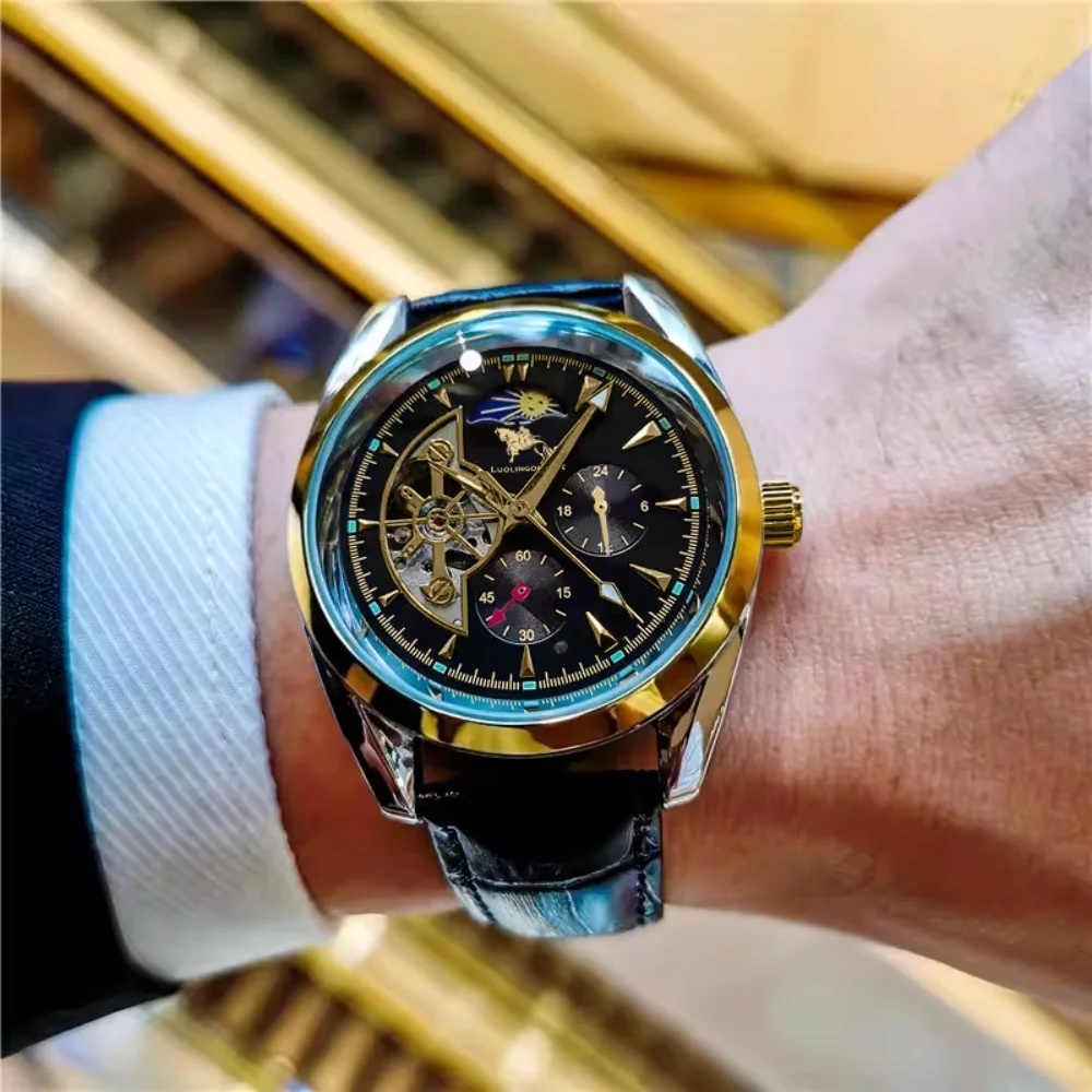 【Cool Men's Automatic Mechanical Watch】Men's Fully Automatic Mechanical Watch, Men's Watch with Semi-Spherical Design, High Aesthetic Value, Cool and Popular Men's Watch, Moon Phase Display, Skeleton Design, Leather Strap, Top Brand Watch, Ideal for Gift Giving