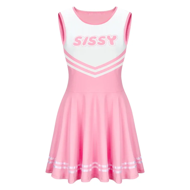 SISSY Cheerleader Uniform Sleeveless Overall Pink White Dress Cheerleading Outfits Party Costume for High School Girls