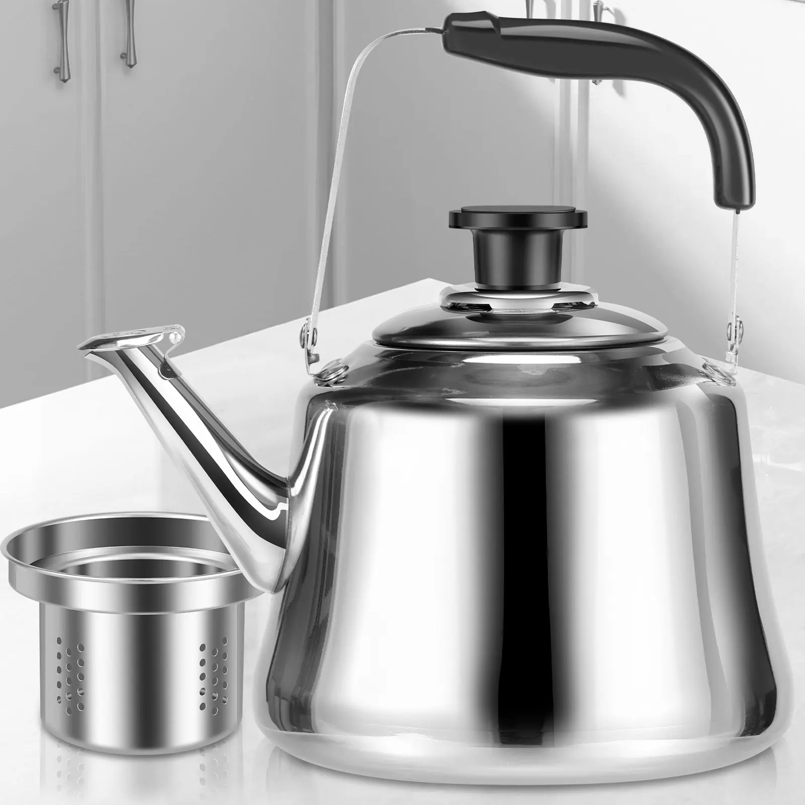 

2L Tea Kettle Stovetop Classic Stainless Steel Tea Pot Loud Whistling Teakettle with Dust-proof Cap Kitchen Pouring Water Boiler