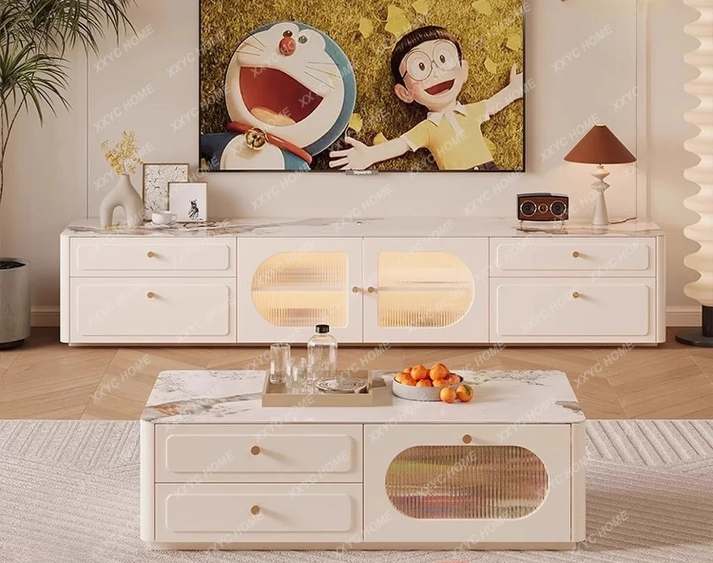 Simple modern TV cabinet living room home white floor-to-ceiling high model