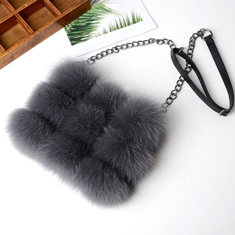 Fashionable Real Fox Fur Handbag Wholesale Women's Fluffy Leather Bag Elegant Pelt Clutch Stylish Fur Accessories