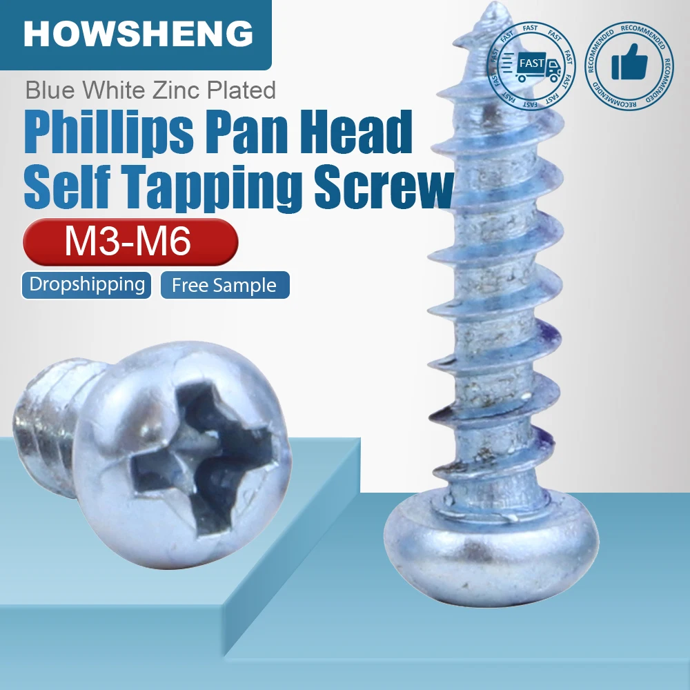 JUIDINTO 100pcs/bag Phillips Recessed Pan Round Head Tapping Screws Blue Zinc Plated Cross Head Wood Screws M1.7 M2.3 M3 M3.9