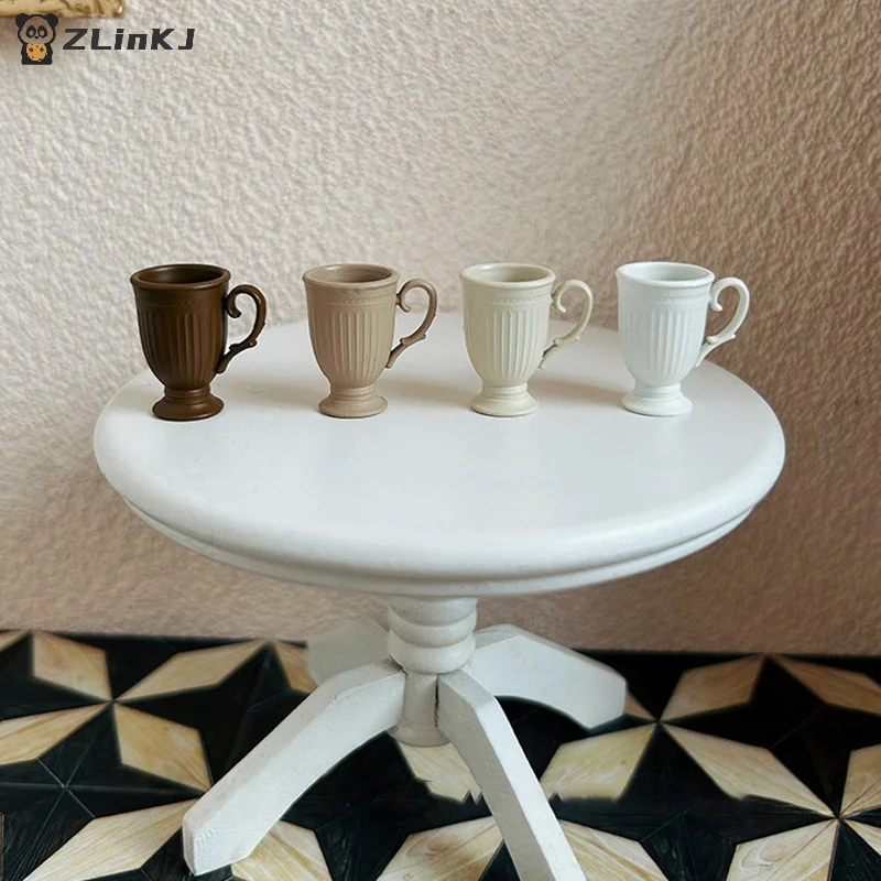 ▶1Pcs Dollhouse French Retro Mini High Foot Relief Mark Coffee Cup With Handle Miniature Scene Decoration High End Stemmed Mugs