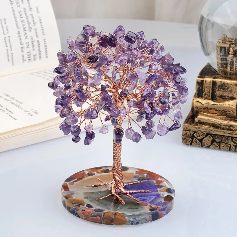 

Mini Super Crystal Money Tree Copper Wire Wrapped W/ Agate Slice Base Healing Gemstone Yoga Feng Shui Trees Home Crystal Decor