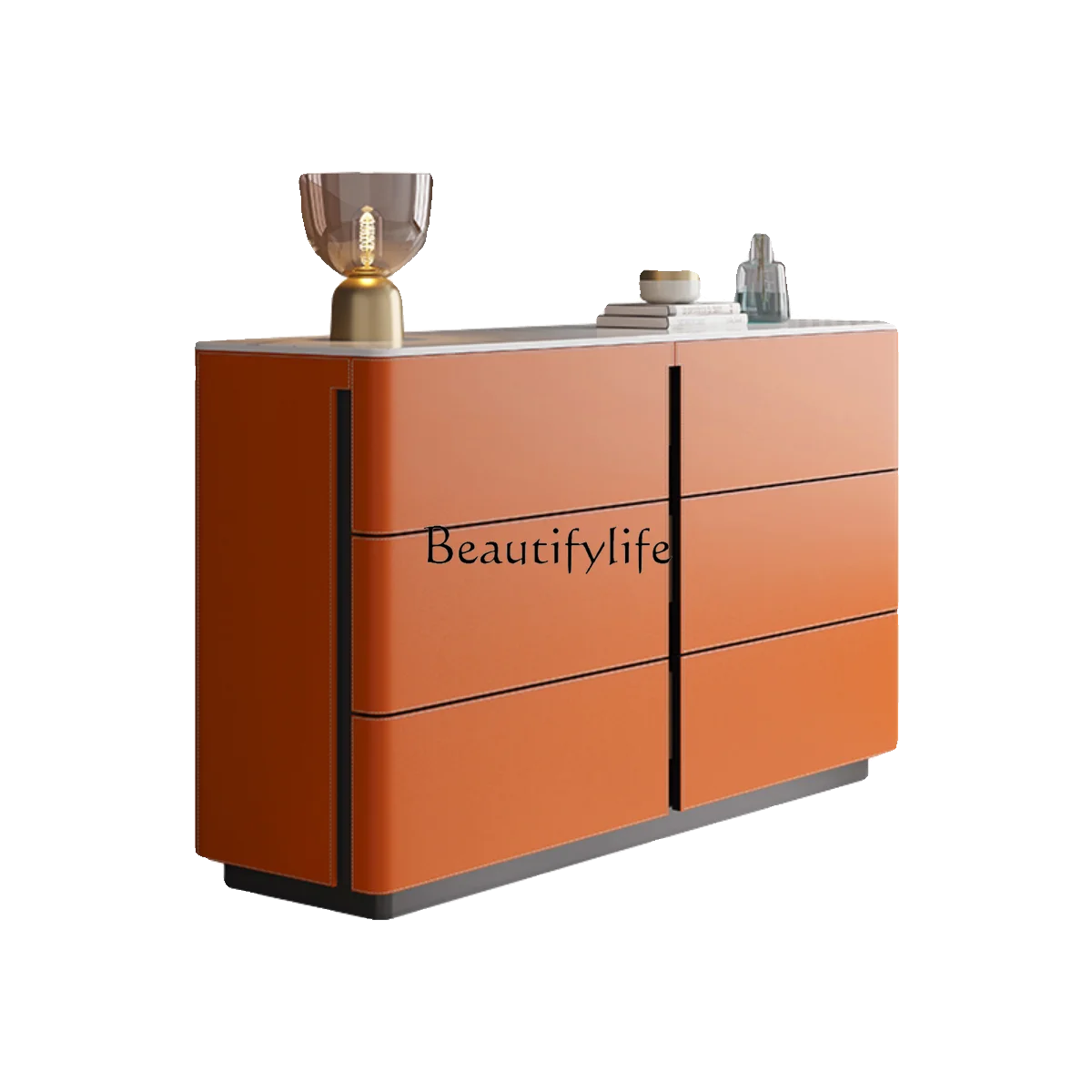 

Italian minimalist saddle leather dining side cabinet bedroom light luxury rock slab storage high-end living room entrance chest