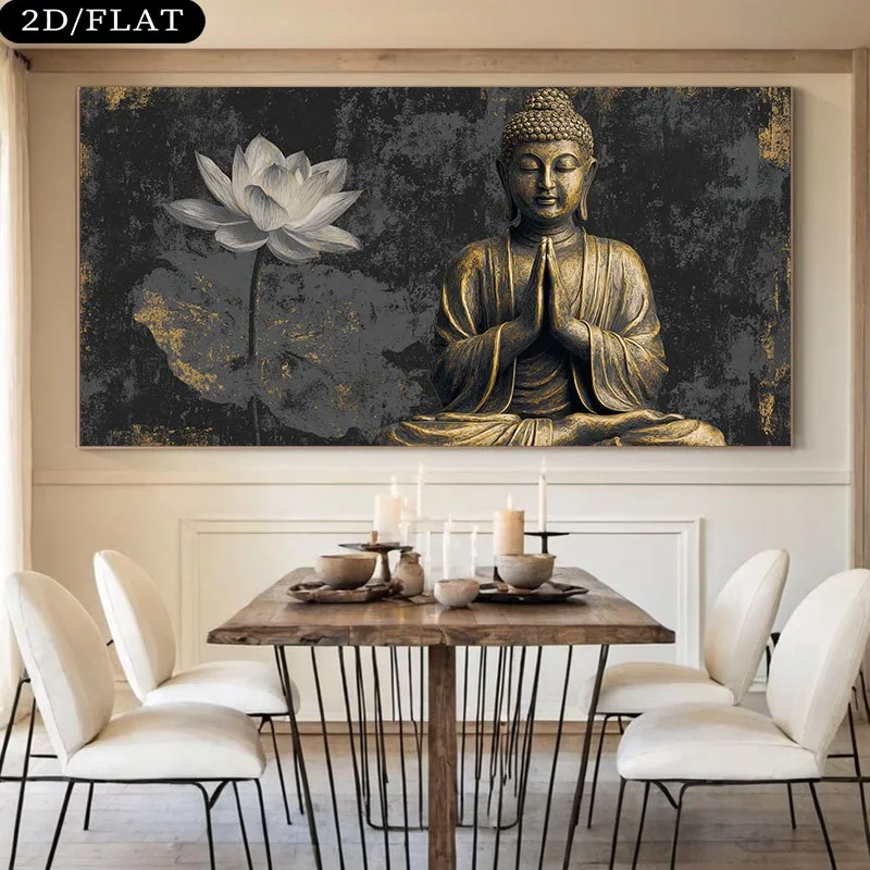 Frameless Buddha Wall Art Buddhist Meditation Lotus Flower Canvas Prints Modern Zen Decor for Living Room Bedroom Yoga Studio