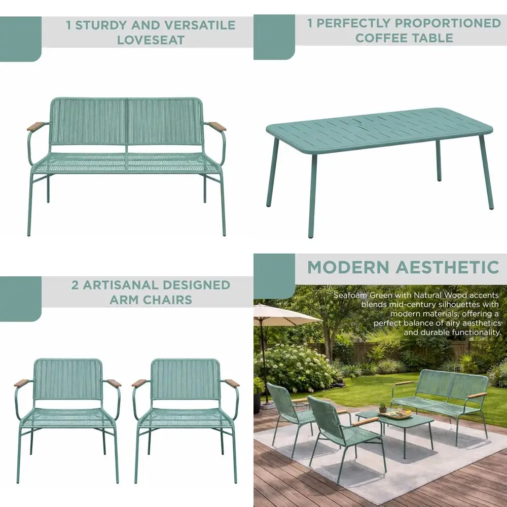 

4-Piece Outdoor Wicker Patio Furniture Set: Bench, 2 Armchairs, Coffee Table - Metal Frame with Wooden Armrests - Suitable for I