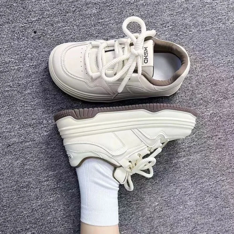 Women's Niche Thick Sole Height Increasing Round Toe Bread Shoe Korean Style Spring 2025 Versatile White Sneakers Hot Sale