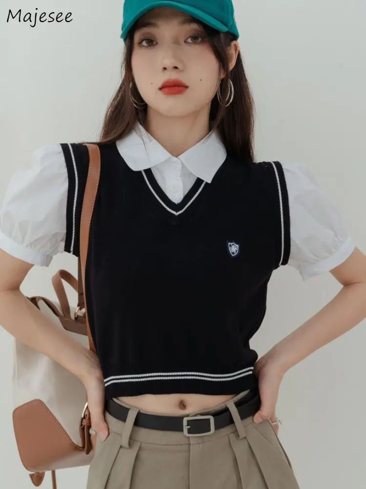 

Sweater Vests Women Summer Preppy Style V-neck Chic Ins Cropped Knitwear Simple All-match Students Trendy Vintage Korean Version