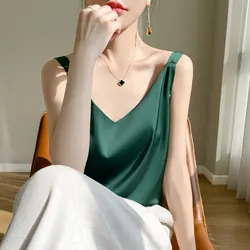 Summer Strap Top Women Halter V Neck Basic White Cami Sleeveless Satin Silk Tank Tops Women'S Summer Camisole Slim Vest