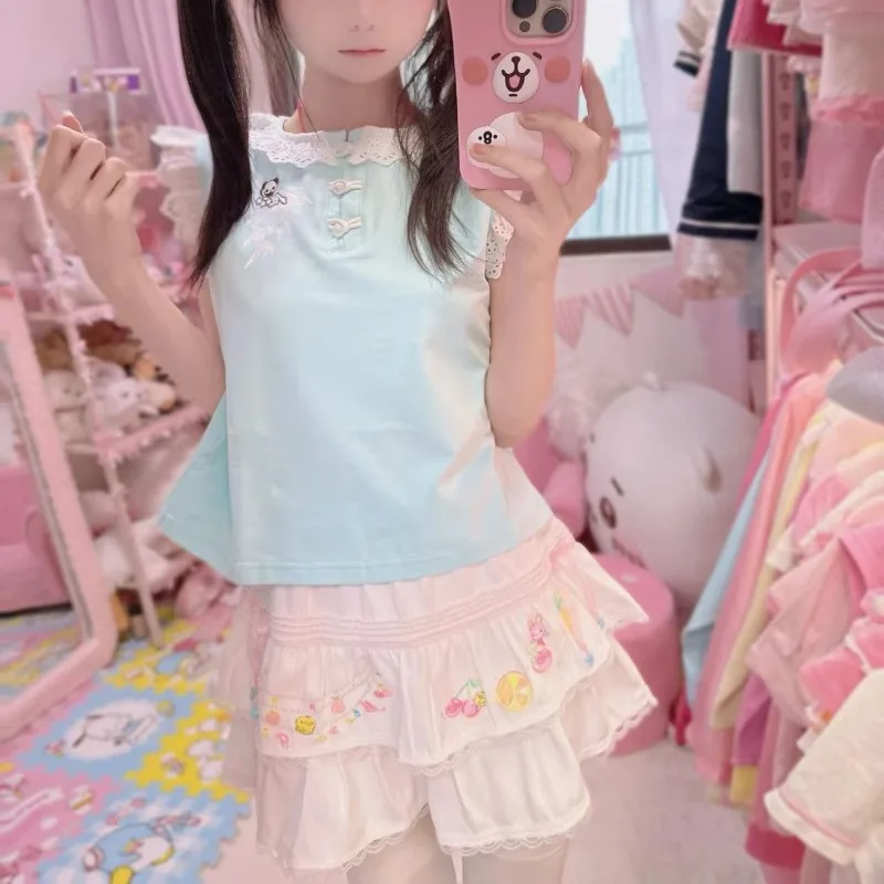 

Japanese Kawaii Lolita Design Short Skirt Harajuku Cute Cartoon Print Miniskirt Sweet Girl Bow Patchwork A Line High Waist Dress