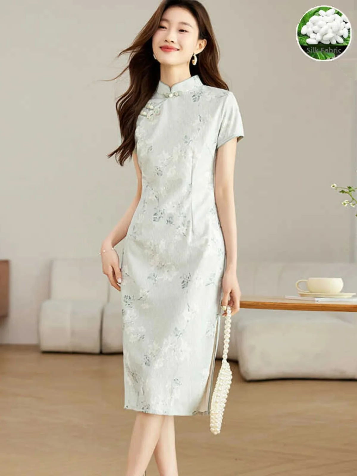

Шелковое платье в молодежном стиле, светло-голубое, традиционный китайский костюм, платье миди с коротким рукавом для женщин