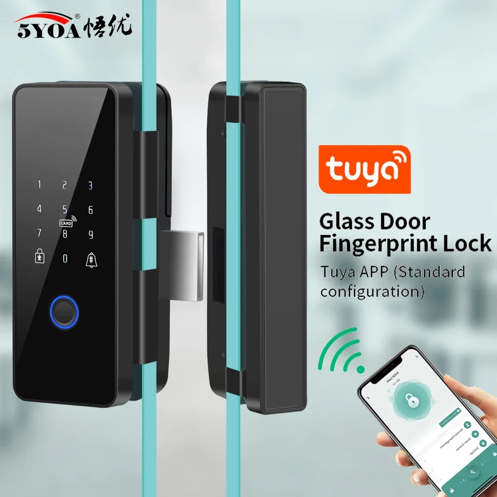 5YOA Tuya APP Glasses Fingerprint Lock Bluetooth Smart Glass Door Biometric Door Lock 13.56Mhz RFID Remote Control Unlock