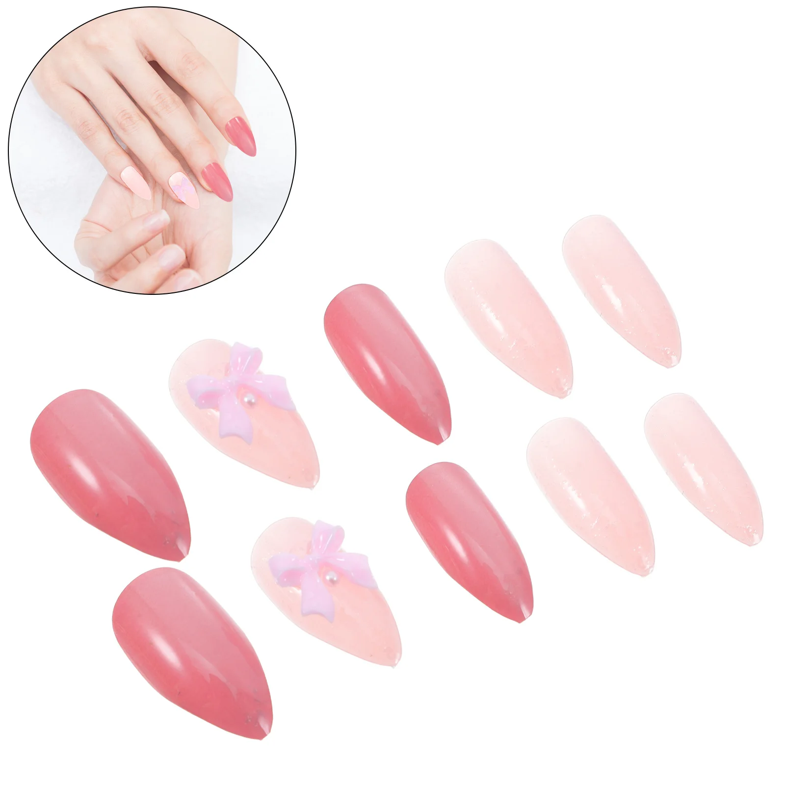 

24Pcs Pink Bowknot Fake Nails Medium Almond Full Cover Press on Cute Artificial Nails Nail Art Accessories for Women Party