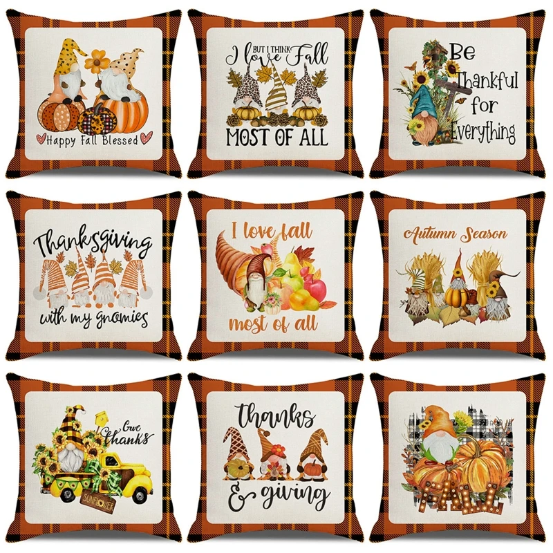 

Autumn Throw Pillow Cover Square Fall Pumpkin Gnome Pillowcase for Home Bedroom Living Room Bed Chair Decor A0KC