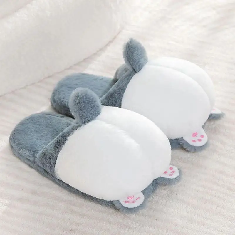 New Creative Corgi Butt Plush Cotton Slippers Girl's Cartoon Animal Furry Funny Home Slides Cozy Non-slip Bedroom Soft Shoes Hot