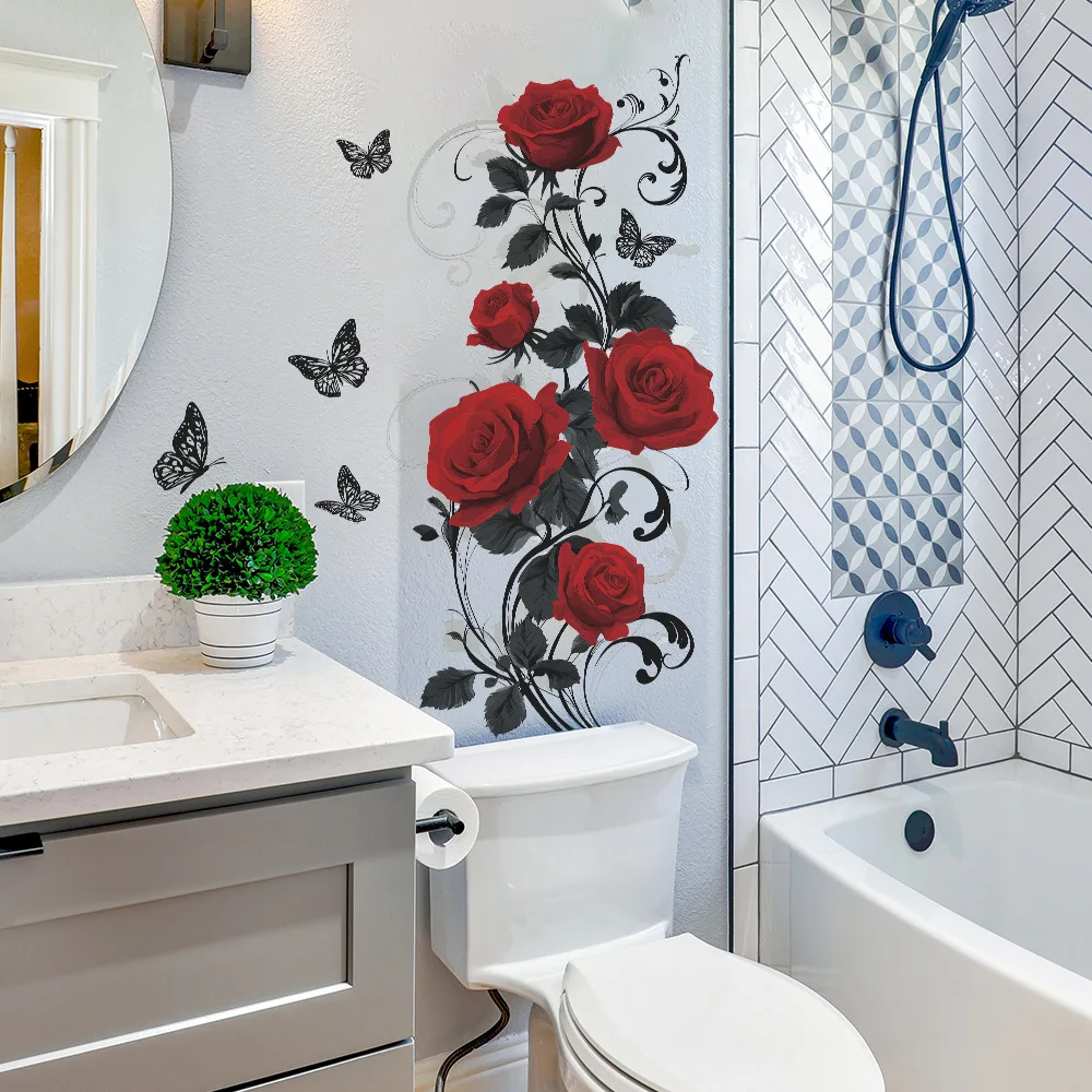 Red Rose Vine Wall Decals, Flowers Butterfly Leaves Stickers, Red Peony Floral Decor for Refrigerator, Bedroom, Bathroom