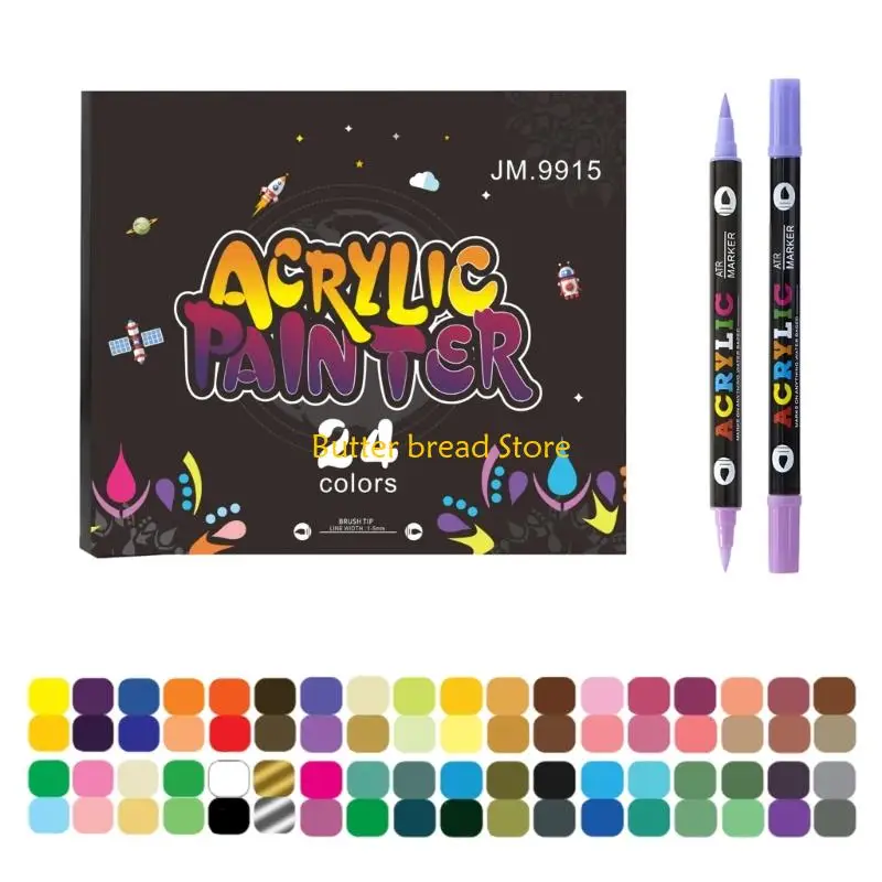 W89C Double Headed Acrylic Marker Brush Tip Acrylic Paint Pen Quick Dry for Card Making Painting on Paper Stone Fabric