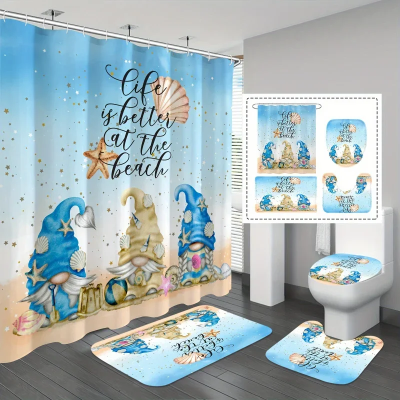 4pcs Cute Gnomes Shower Curtain Set, Shell Starfish Beach Shower Curtain With 12 Hooks For Bathroom, Bathroom Rug, Toilet U-Sh
