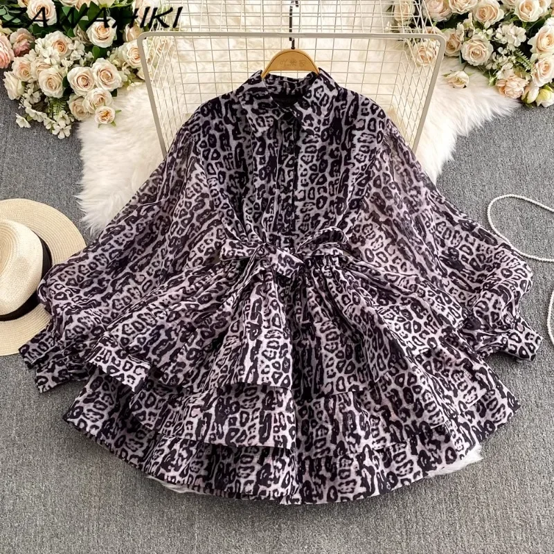 Women\'s Dress Leopard Chiffon Puff Sleeve Vestidos Temperament Pleated Patchwork Ropa Mujer Bandage Elegant Short Dresses Female