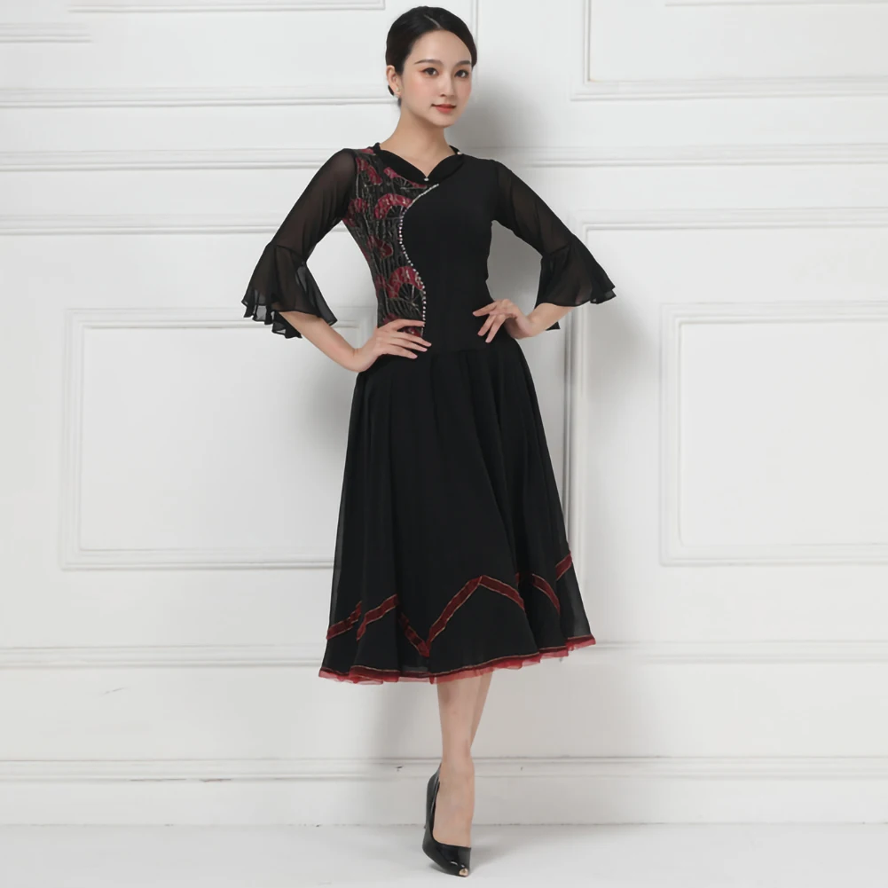

New Ballroom Dress Standard Lotus Sleeve Black Waltz Dress Print Competition Modern Dance Practice dress