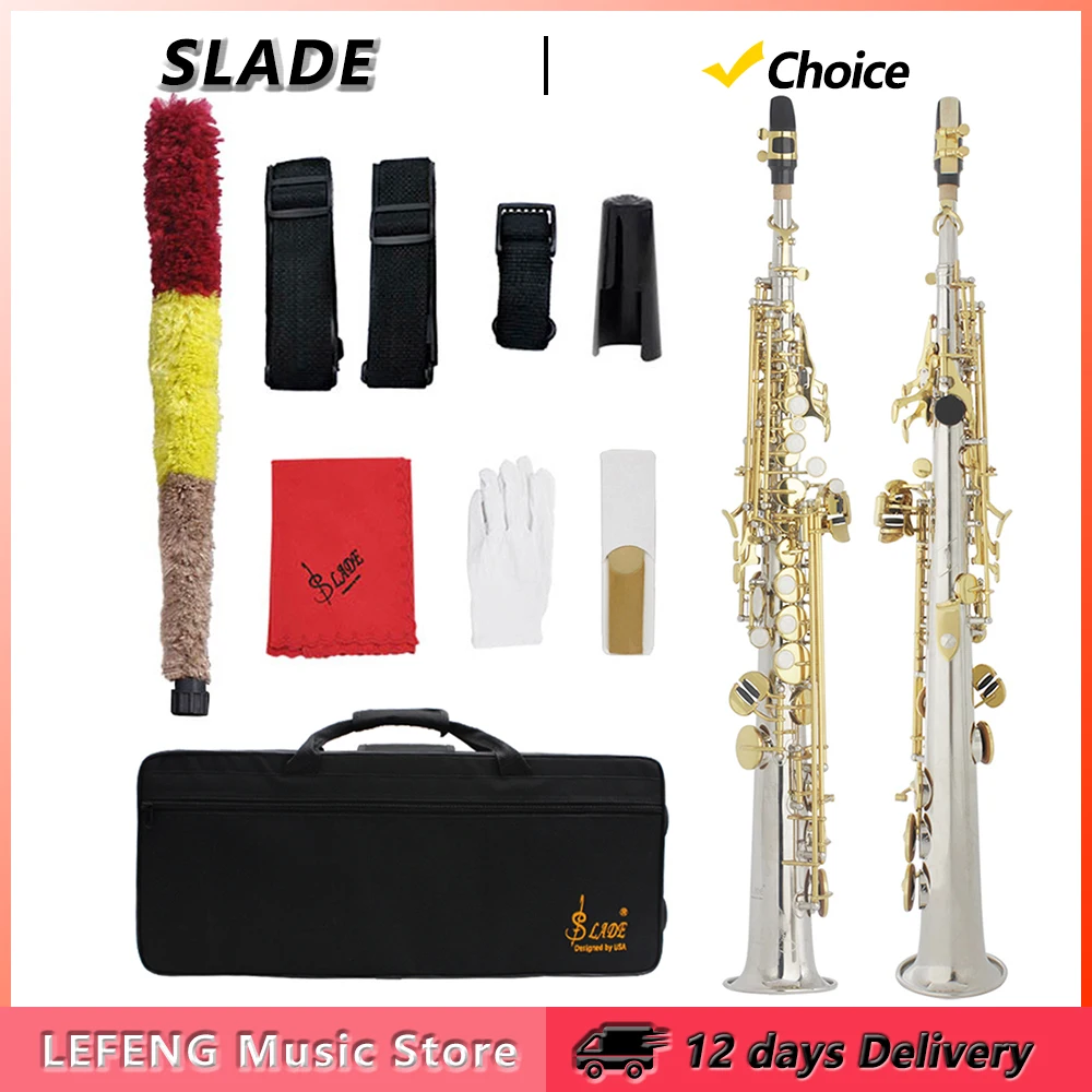 

SLADE Bb Soprano Saxophone Brass Body Silver Gold Key Straight Sax Woowind Instrument Saxfone with Case Reeds Parts Accessories