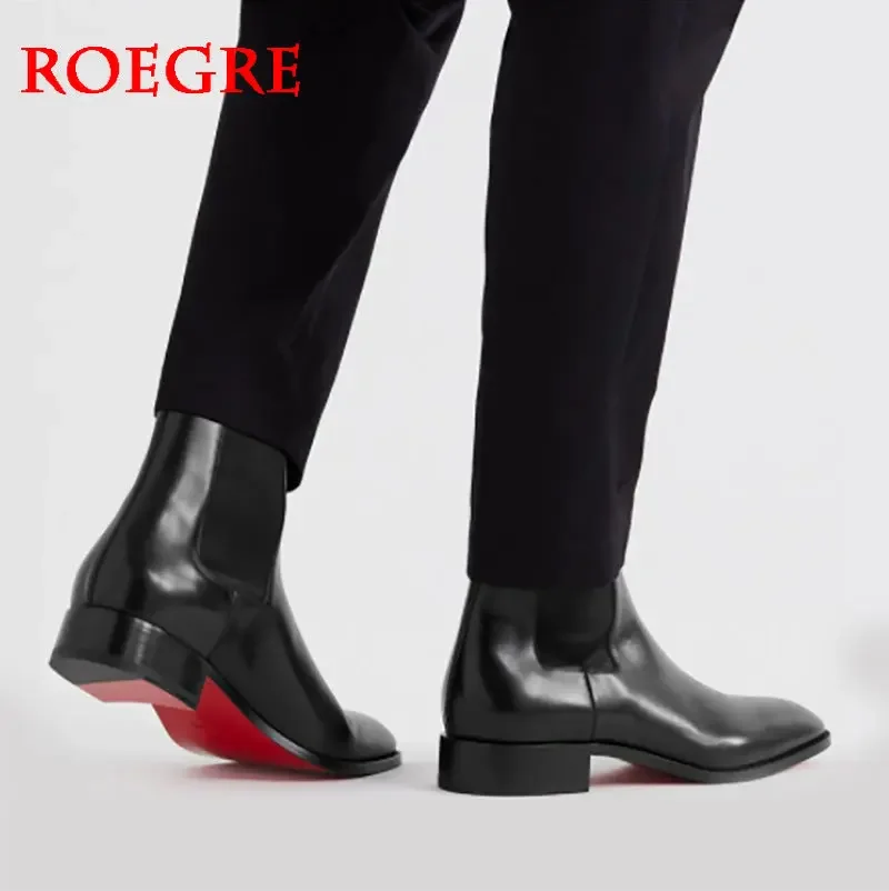 Designer Red Sole Chelsea Boots for Men Black Business Pointed Toe Dress High Top Leather Shoes Men Fashion England Short Boots