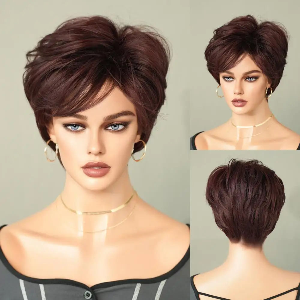 Pelo sintético rizado corto en capas de 8 pulgadas, marrón dorado, peluca de alta calidad Natural y esponjosa para fiesta diaria de mujeres de mediana edad