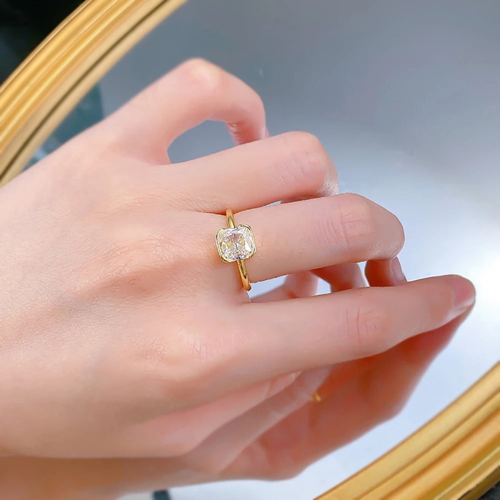 TEMGF 7*7mm Raytheon Cut Zircon Ring 100% 925 Sterling Silver Fine Jewelry for Women Daily Commuting Fashion Versatile Item