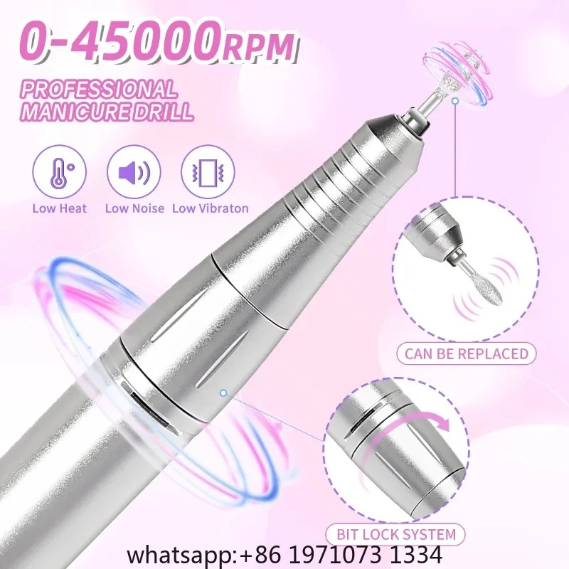 Professional Nail Drill Machine Set 45000RPM Rechargeable Portable Electric Nail File for Manicure Acrylic Gel Nails Salon Tools