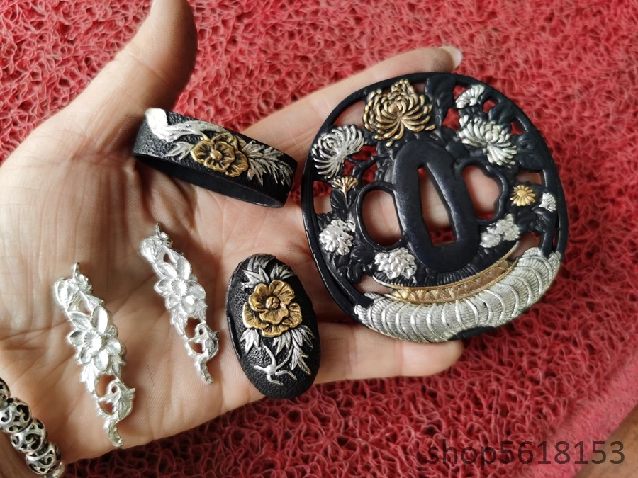 fleur-en-cuivre-dore-tsuba-et-fuchi-menuki-pour-epee-de-samourai-japonais-katana