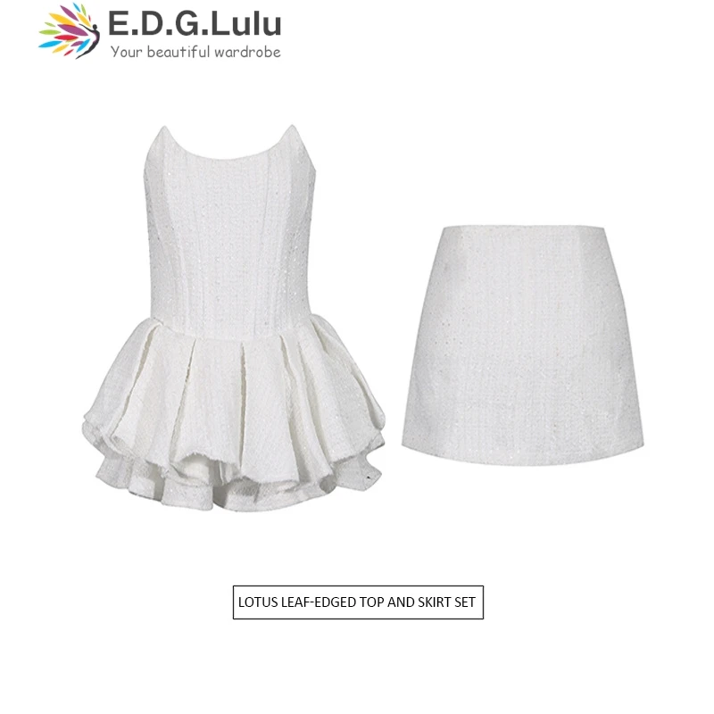 

EDGLuLu Two Piece Outfits Woman Drawstring Lace-Up Backless Ruffle Tops+High Waisted Mini Skirt White Black Suit 0930