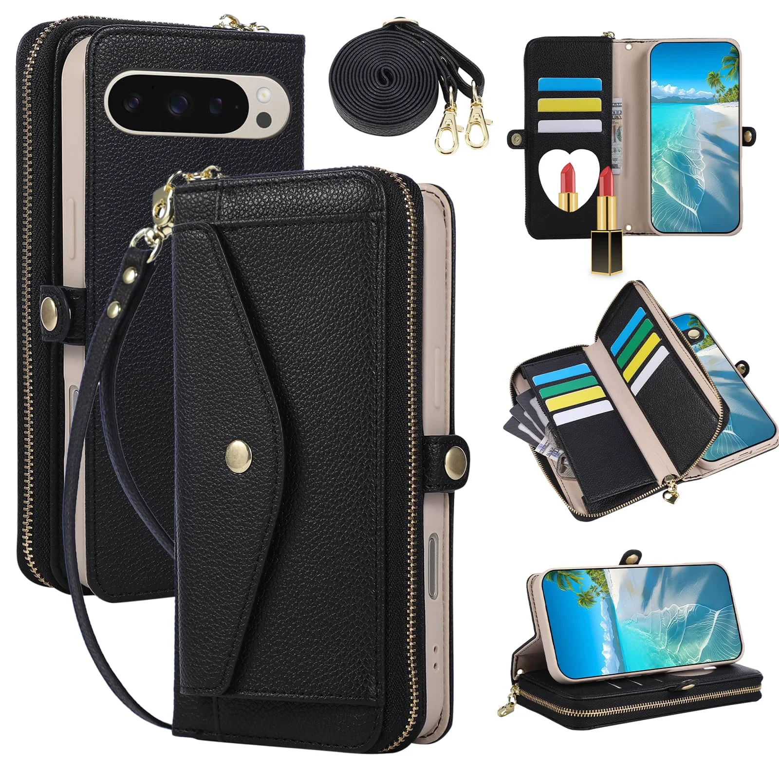 

WEFOR Crossbody Wallet for Google Pixel 10 9 Pro XL 8 7 6 Pro 9A 8A Case with Strap Card Holder, Handbag Purse, Make Up Mirror