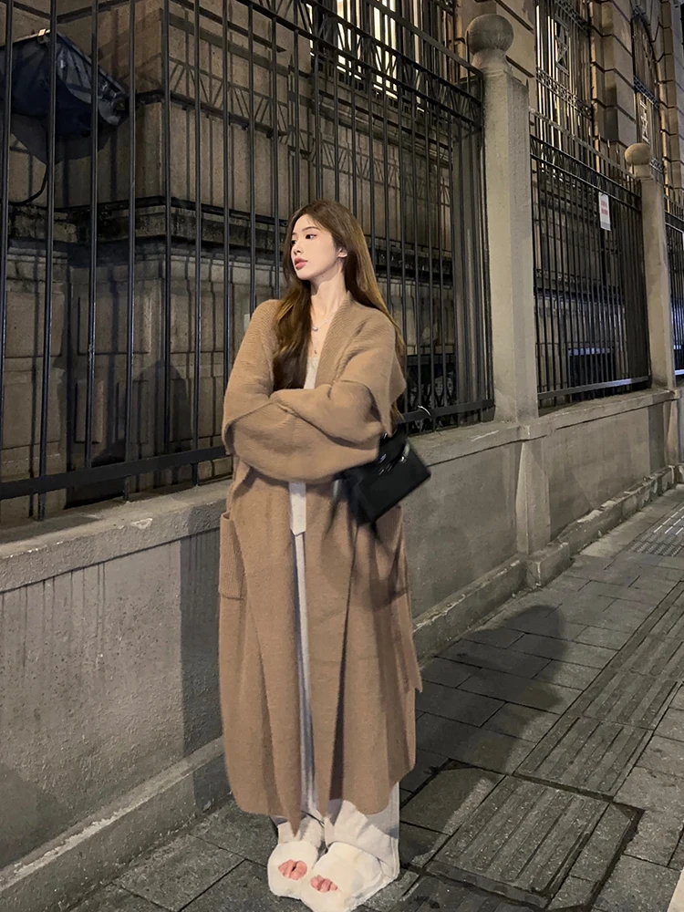 

Длинный свитер Adan Thiened, женское модное корейское пальто с большим воротником, открытый кардиган с имитацией меха ягненка, теплый нежный