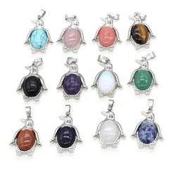 Natural stone Pendant Amethysts Penguin Metal Alloy Egg shape Exquisite charm For jewelry making DIY Necklace accessories24x34mm