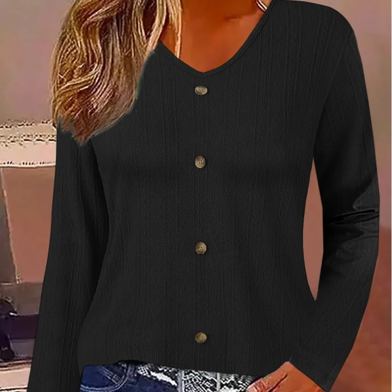Spring Autumn Women's Pullover V-neck Solid Button Tie Flowers Long Sleeve T-shirt Underlay Fashion Office Lady Casual Tops