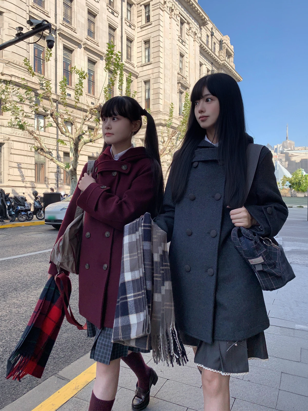 Autumn Winter Woolen Coat Original Hooded Tweed Double Breasted Jacket School Uniform Style Twin Set Long Sleeve mid Length