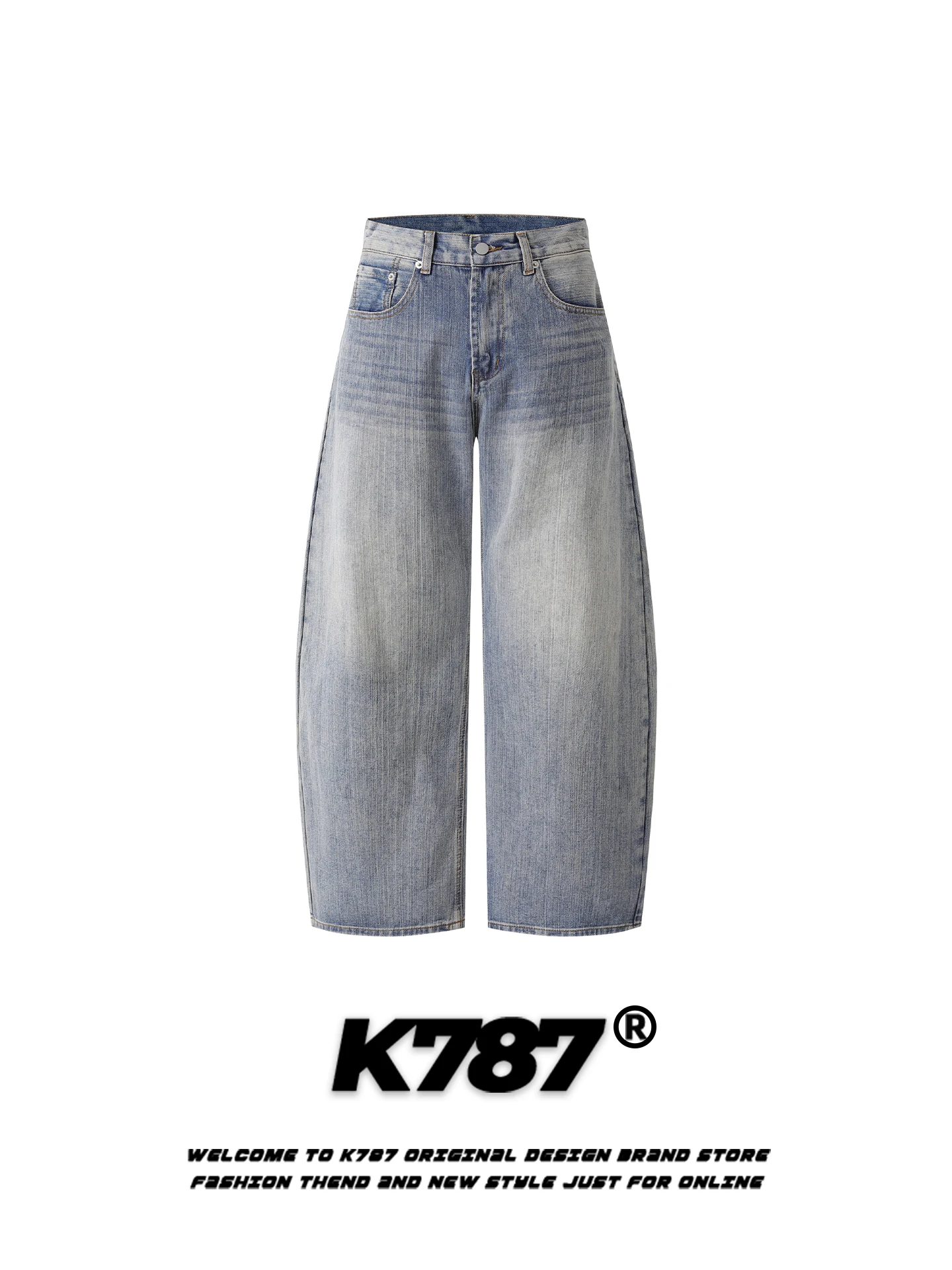 

K787 American Retro Bamboo Texture Distred Denim High Waist Wide Leg Casual Loose Fit Jeans for Men And Women