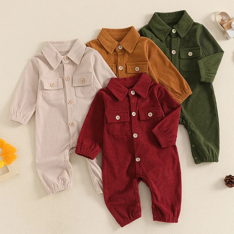 

Newborn Spring Autumn Clothes Boys Girls Rompers Solid Corduroy Turn-down Collar Button Jumpsuits Pants Baby Clothing Set